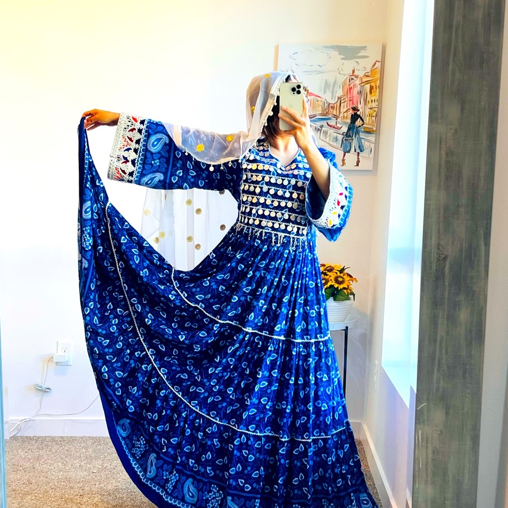 Women's Blue Ethnic Maxi Dress with Embroidered Bodice - Picture 3 of 4